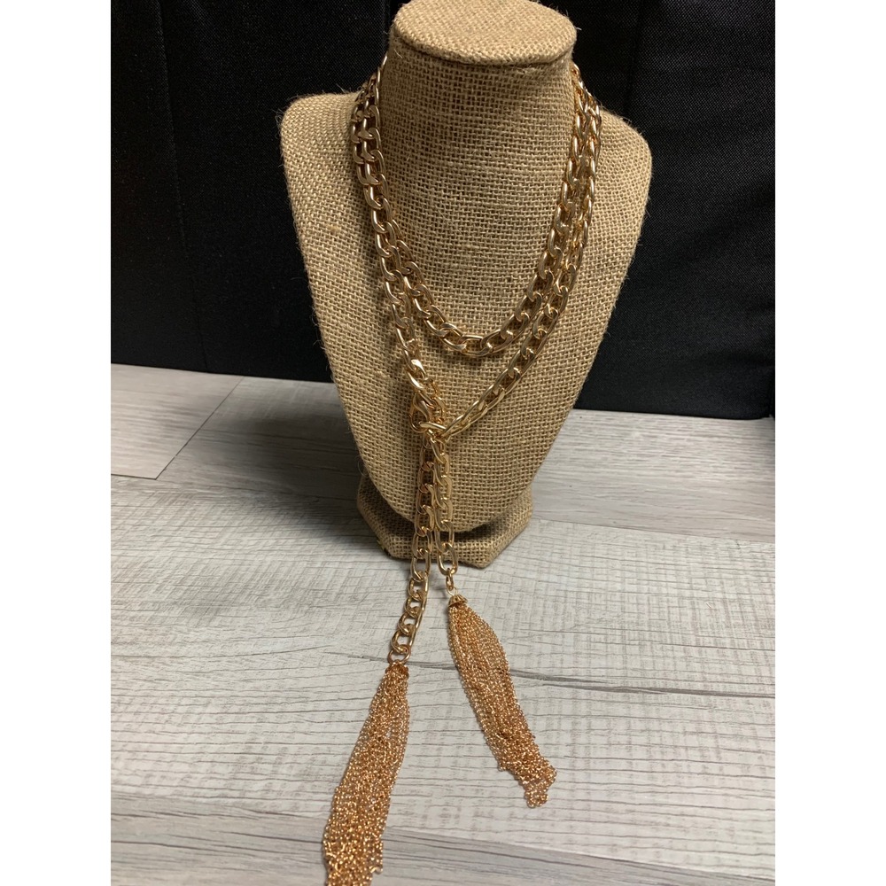 Gold‎ Tone Chunky Curb Chain Lariat Necklace with Fringe Tassels Statement Piece